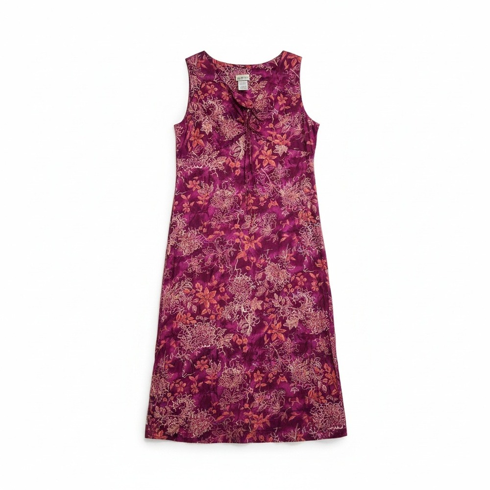 White Stag Womens XL Red Magenta Floral Rayon Sleeveless Tie Neck Midi Dress